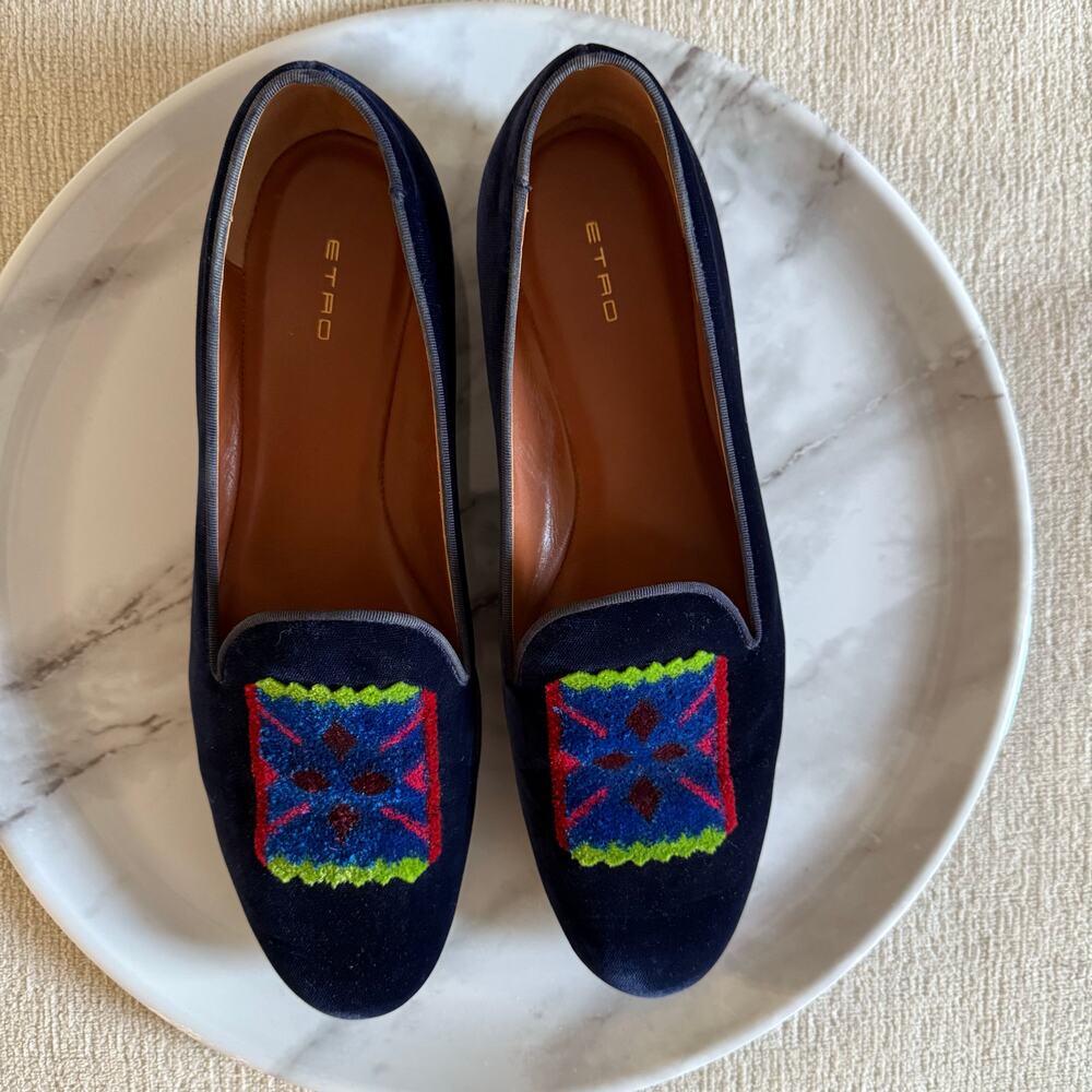 Etro Velvet Slippers Loafers Embroidered Shoes Blue Size 40 / 10